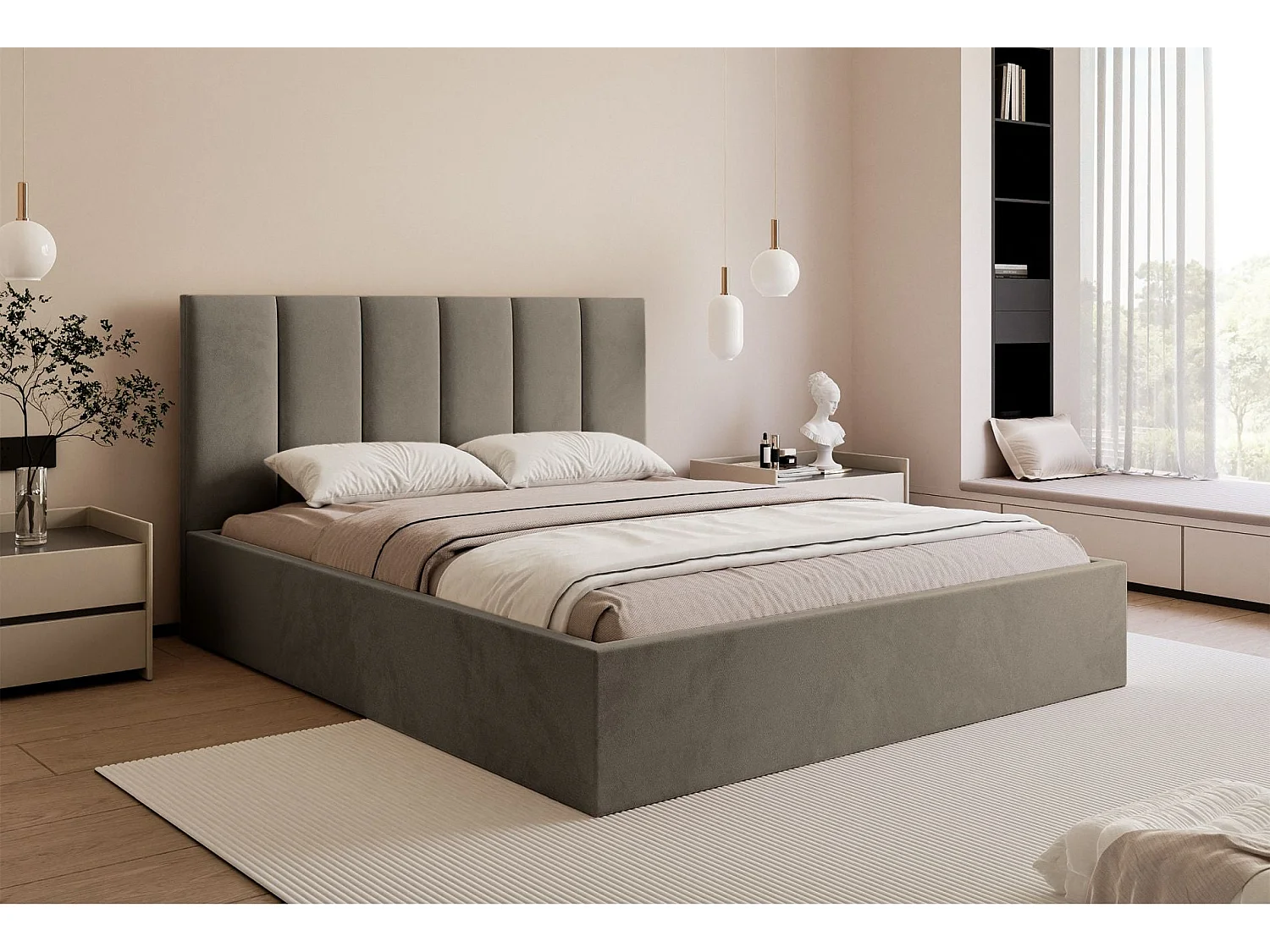 Lit coffre - 160x200 cm - en tissu velours gris beige - MASEGO