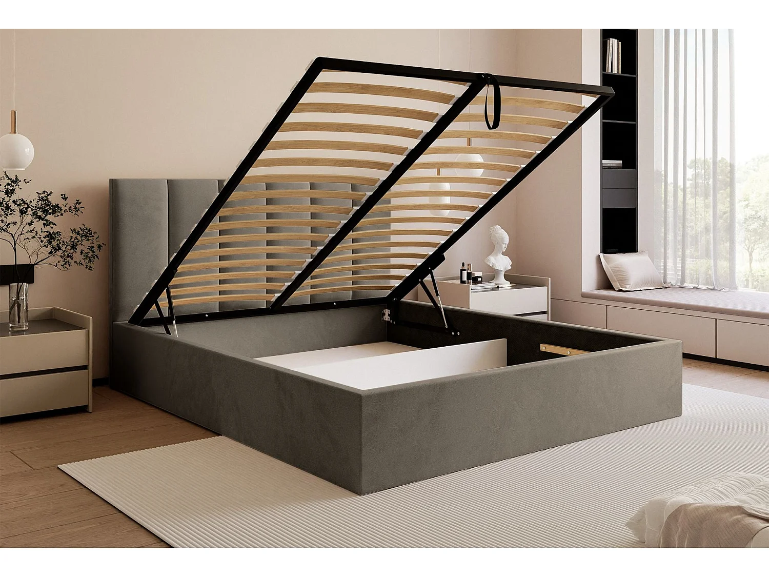Lit coffre - 160x200 cm - en tissu velours gris beige - MASEGO