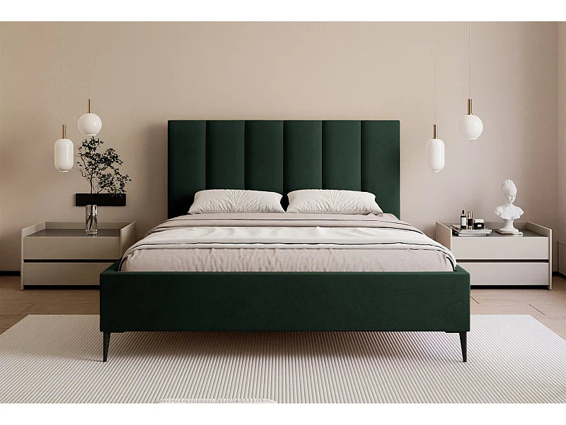 Lit coffre avec pieds - 160x200 cm - en tissu velours vert foncé - MASEGO