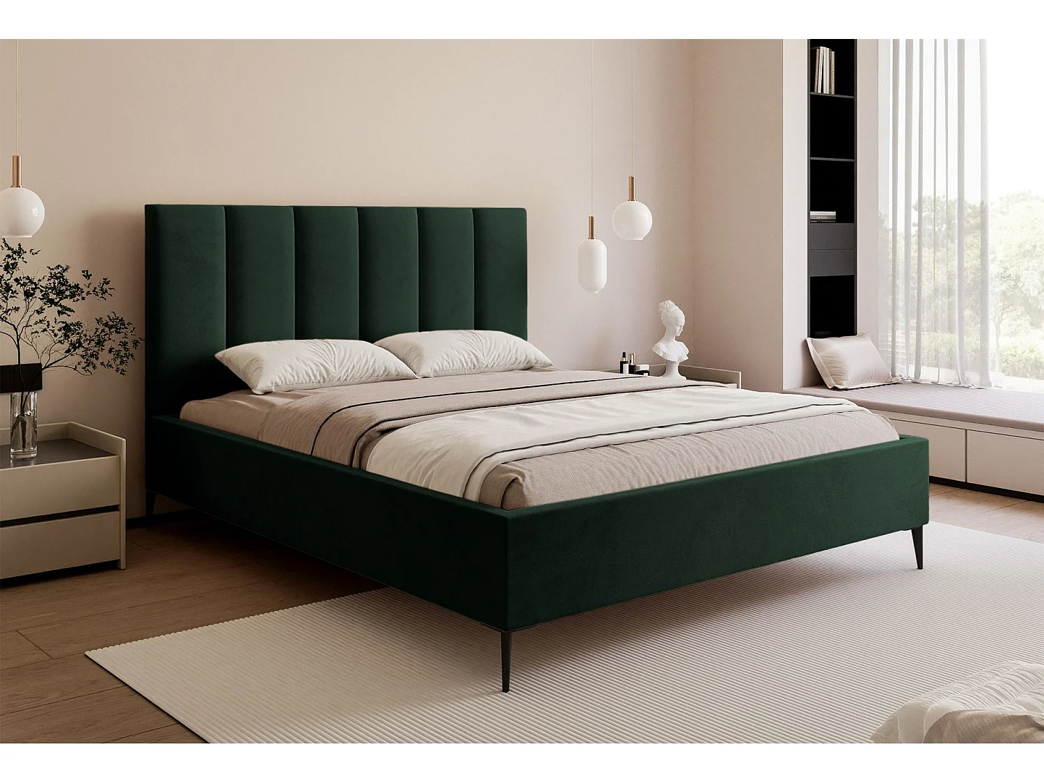 Lit coffre avec pieds - 140x200 cm - en tissu velours vert foncé - MASEGO