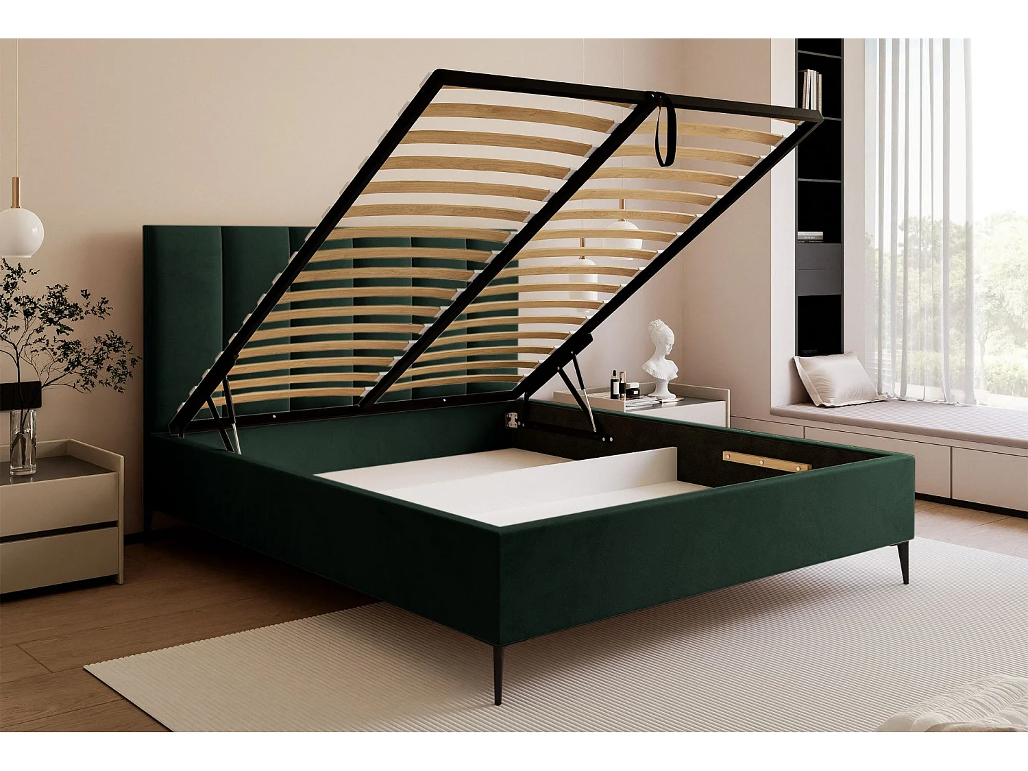 Lit coffre avec pieds - 140x200 cm - en tissu velours vert foncé - MASEGO