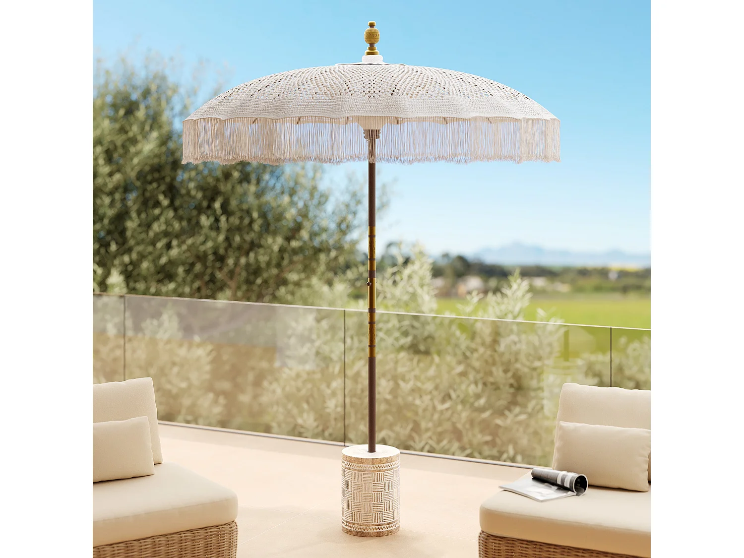 Set ombrellone in macramè e base per ombrellone in legno di suar - Fakélé