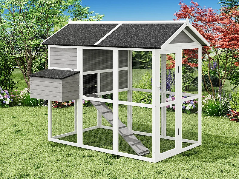 Pollaio in legno con recinto - 8 galline - L. 201 x P.142 x H. 171 cm- Grigio e bianco - GALLUS