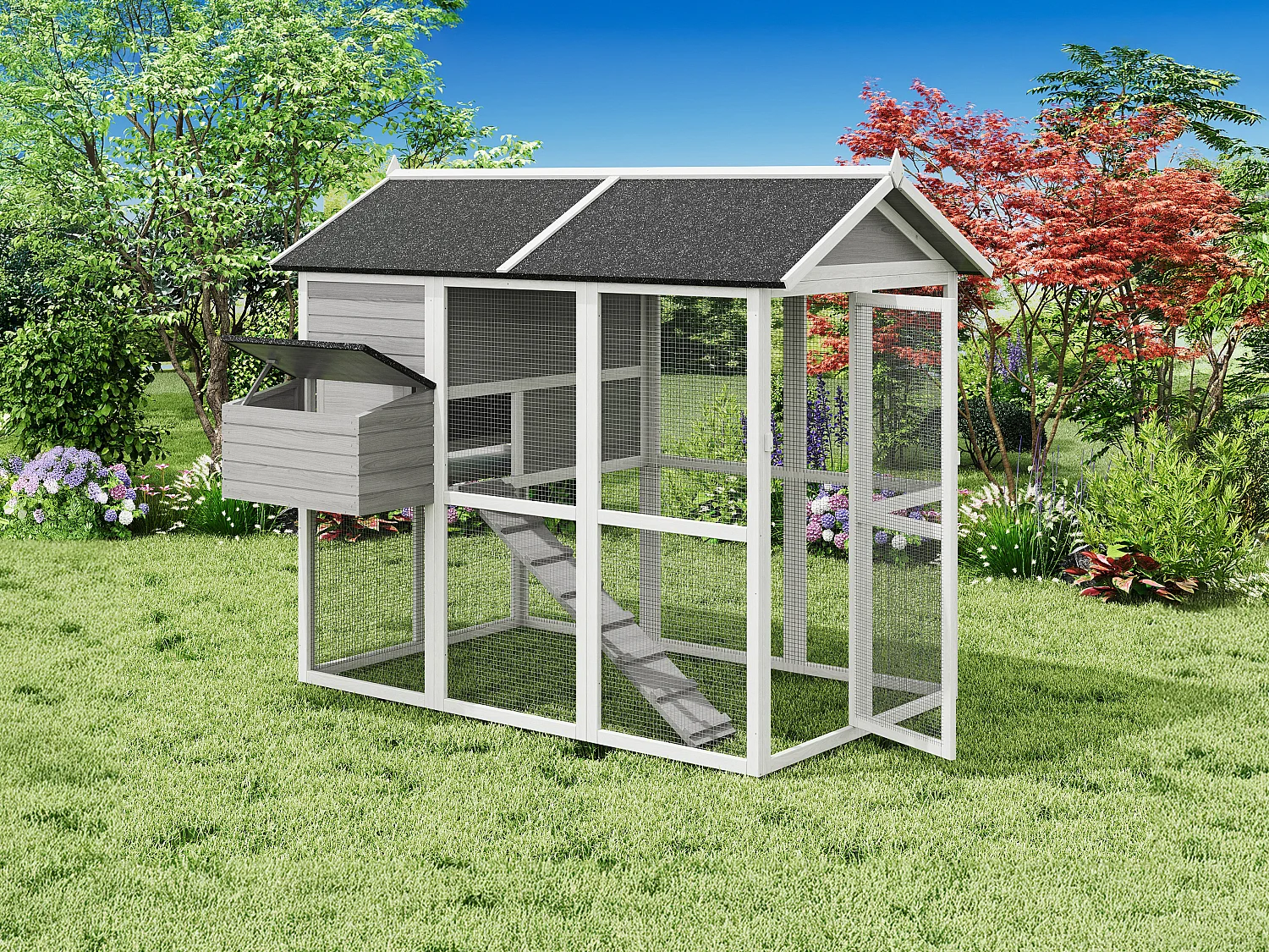 Poulailler en bois avec enclos - 8 poules - L. 201 x P.142 x H. 171 cm- Gris et blanc - GALLUS