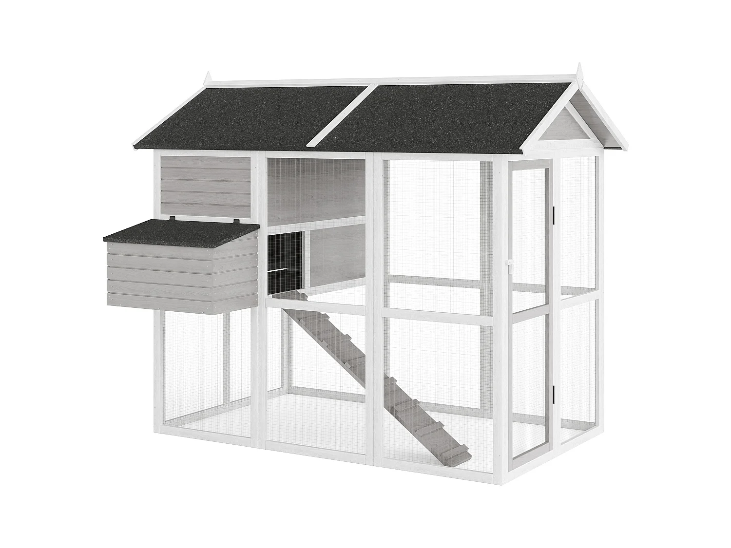 Poulailler en bois avec enclos - 8 poules - L. 201 x P.142 x H. 171 cm- Gris et blanc - GALLUS