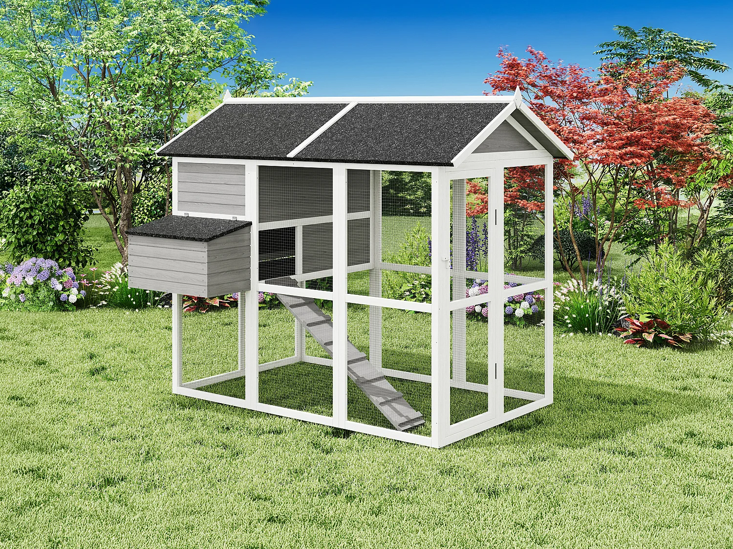 Poulailler en bois avec enclos - 8 poules - L. 201 x P.142 x H. 171 cm- Gris et blanc - GALLUS