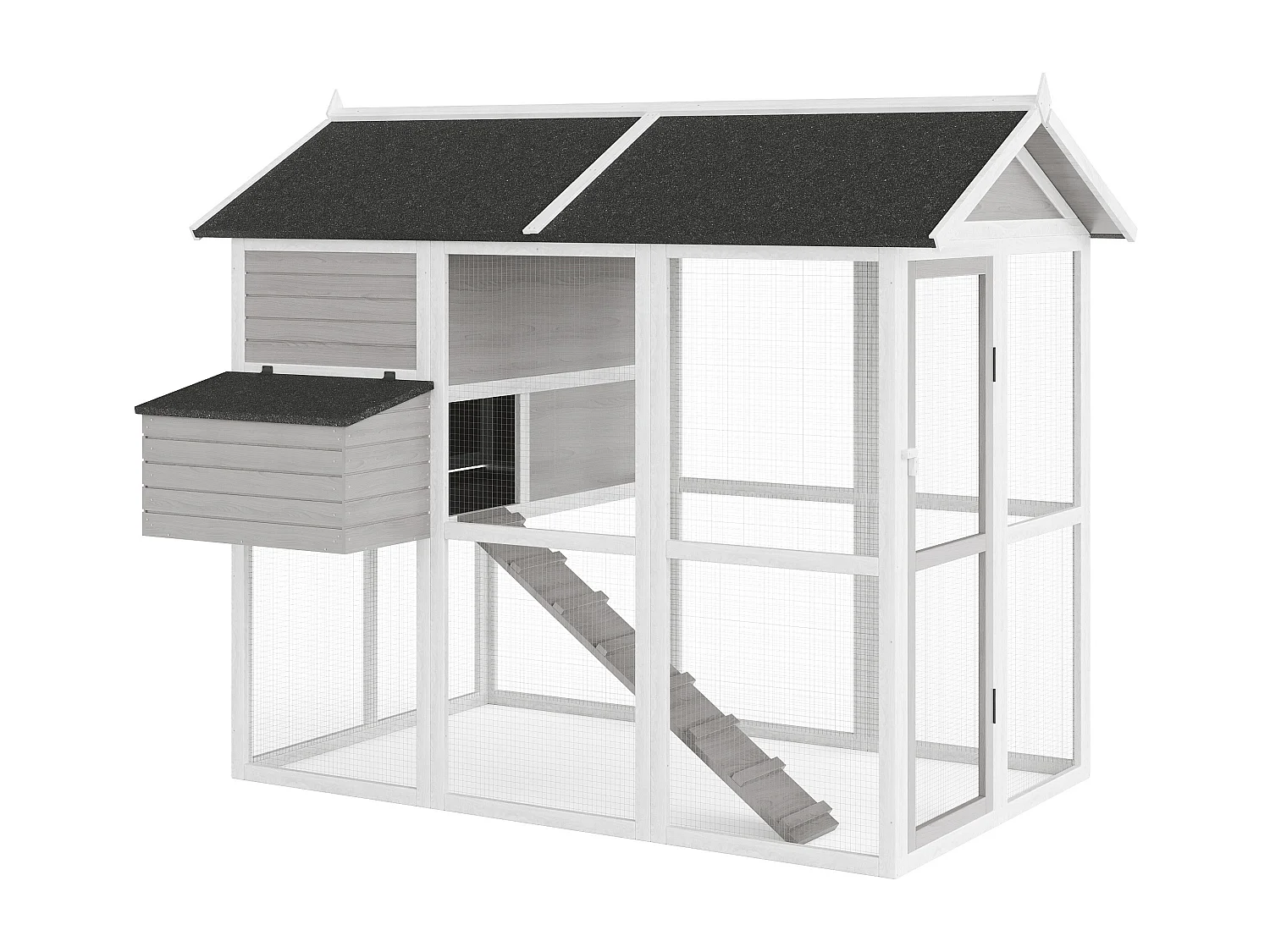 Poulailler en bois avec enclos - 8 poules - L. 201 x P.142 x H. 171 cm- Gris et blanc - GALLUS