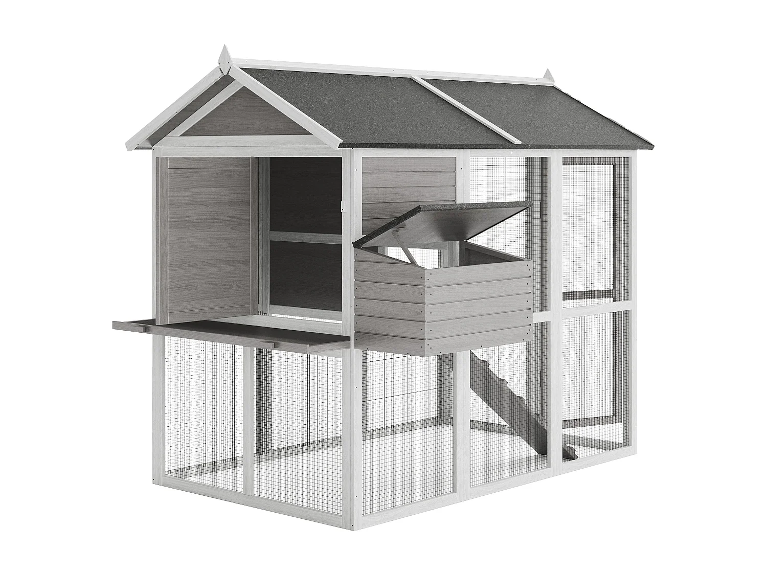 Poulailler en bois avec enclos - 8 poules - L. 201 x P.142 x H. 171 cm- Gris et blanc - GALLUS