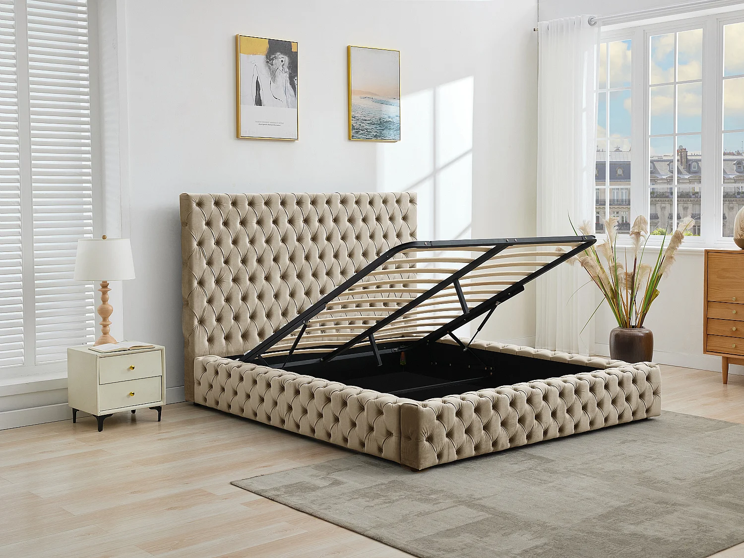 Letto con contenitore Chesterfield 160 x 200 cm Velluto Tortora + Materasso - DULENI