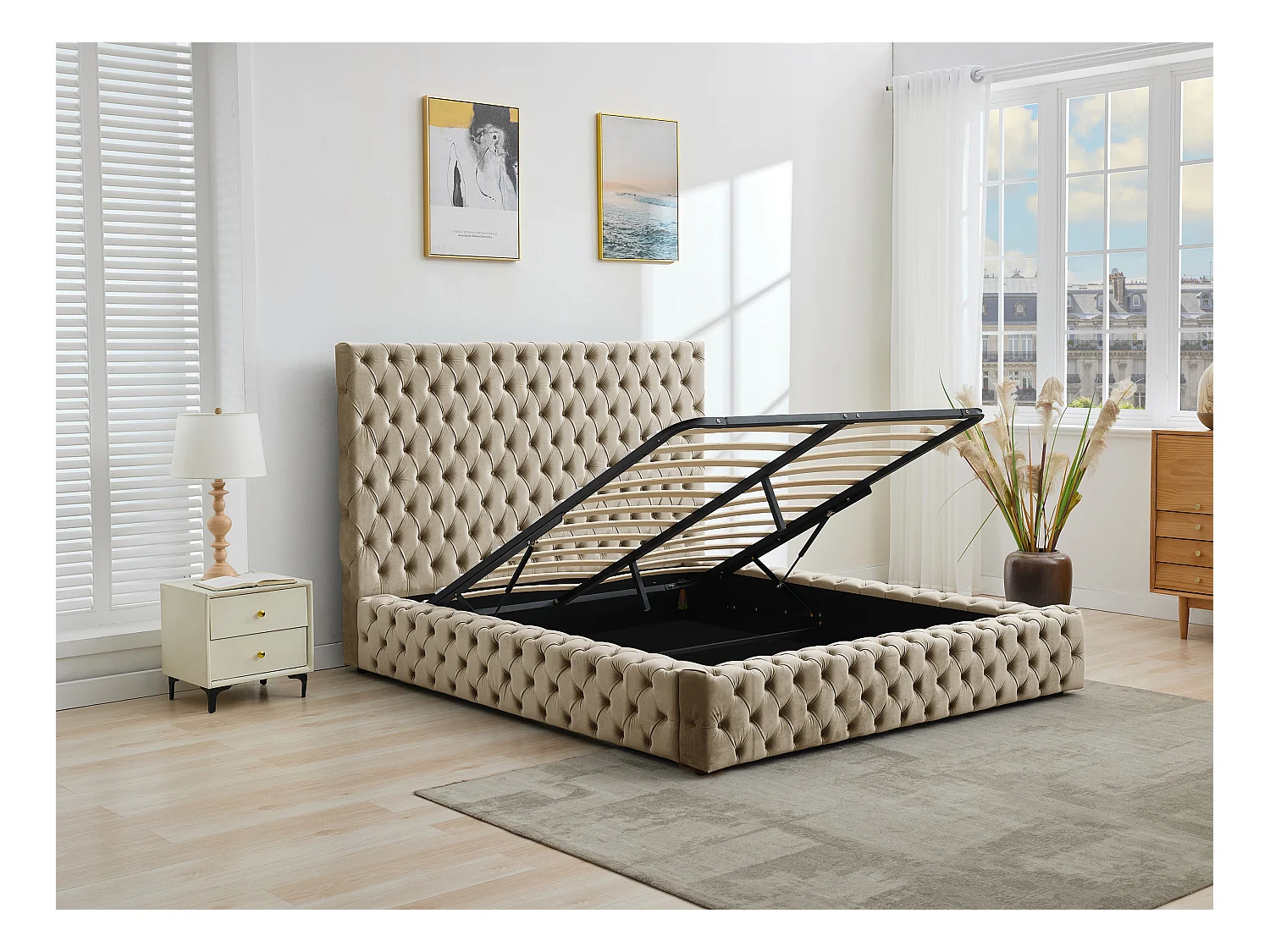 Bed met opbergruimte Chesterfield 160 x 200 cm - Velours - Grijs + matras - DULENI
