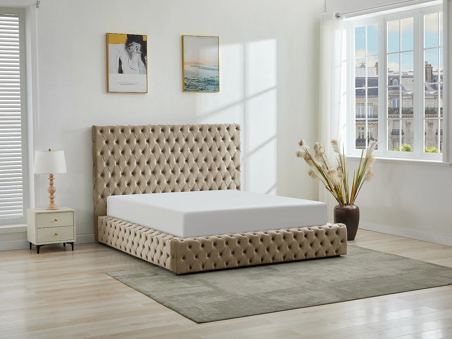 Cama com espaço de arrumação chesterfield 180 x 200 cm veludo taupe + colchão - DULENI