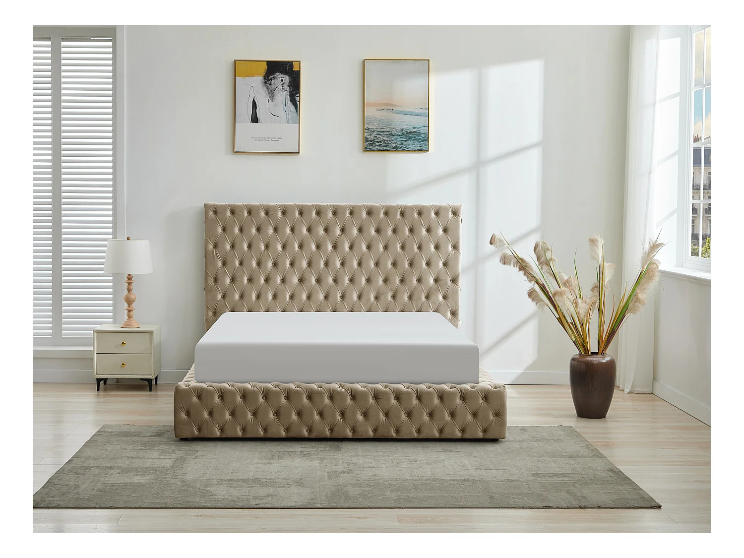 Bed met opbergruimte Chesterfield 180 x 200 cm - Velours - Taupegrijs + matras - DULENI
