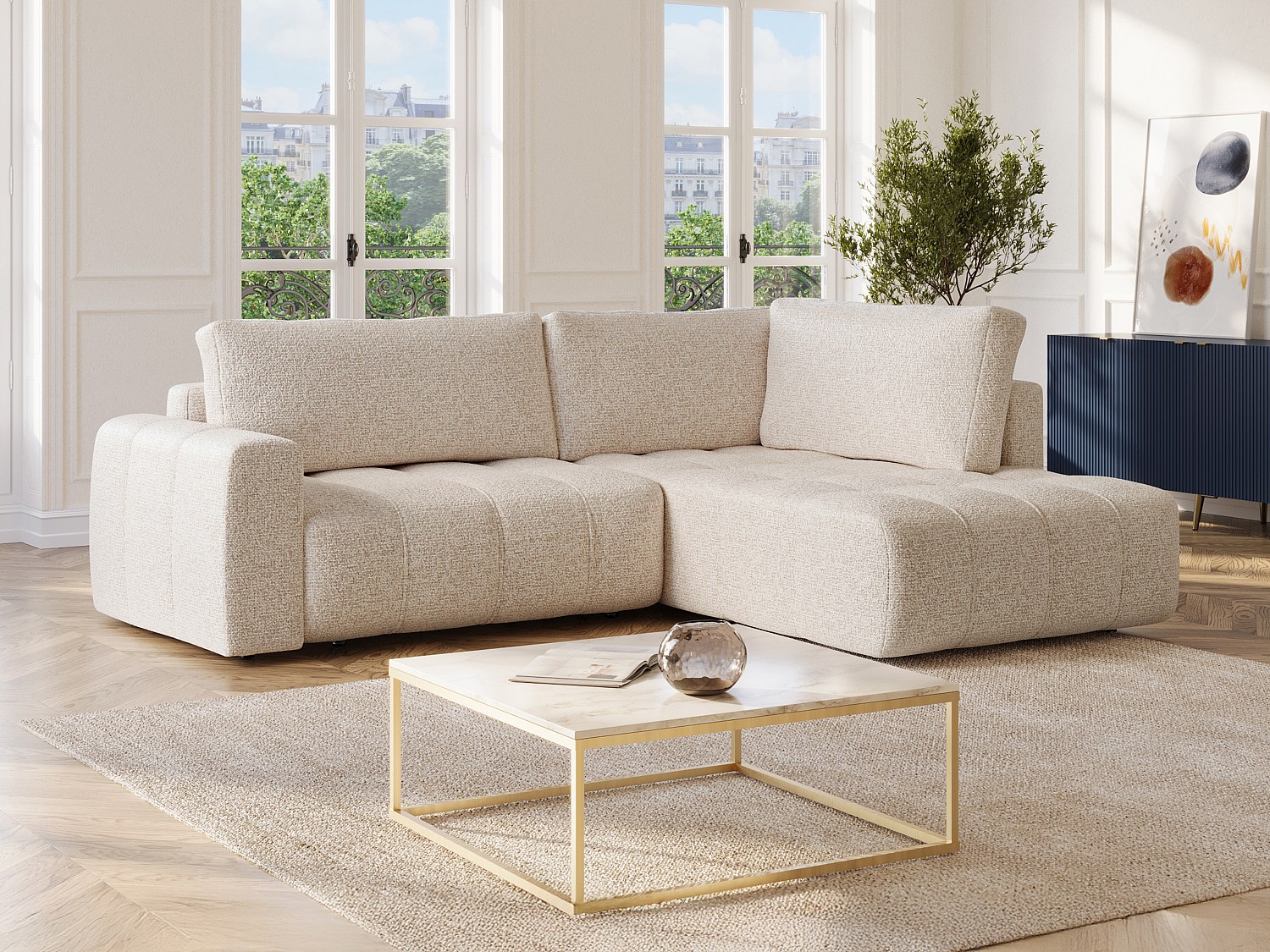Högervänd hörnsoffa i melerat beige tyg LORIONA