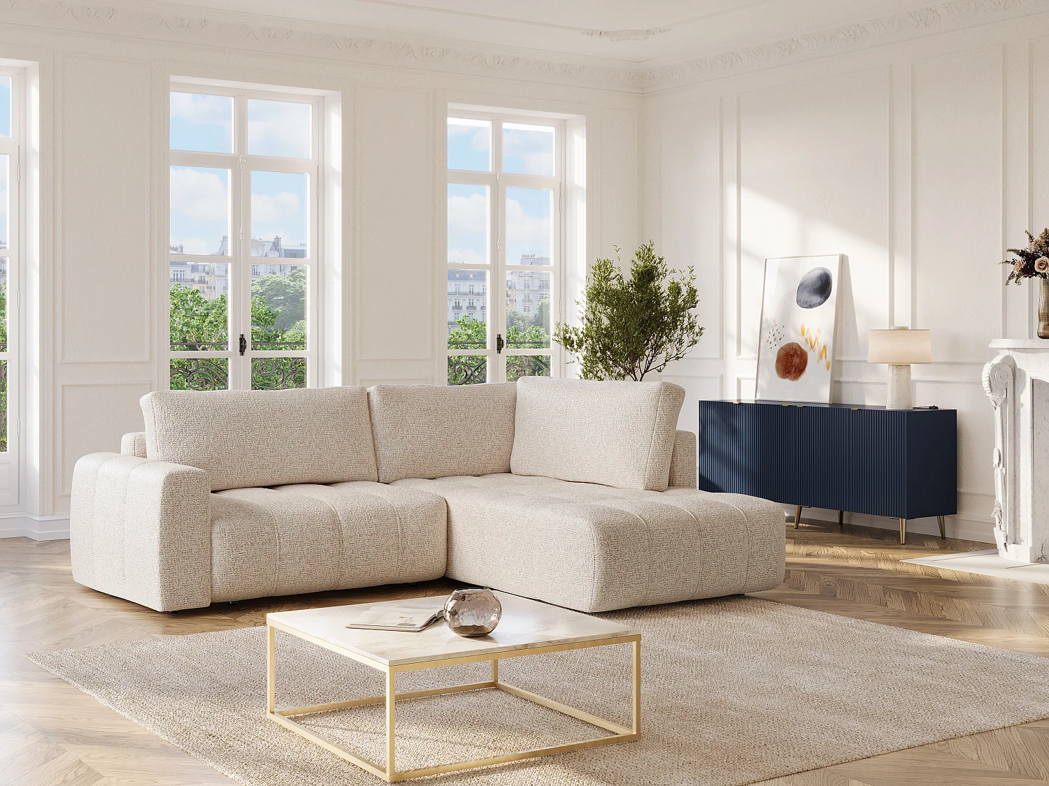 Canapé d'angle droit en tissu chiné beige LORIONA