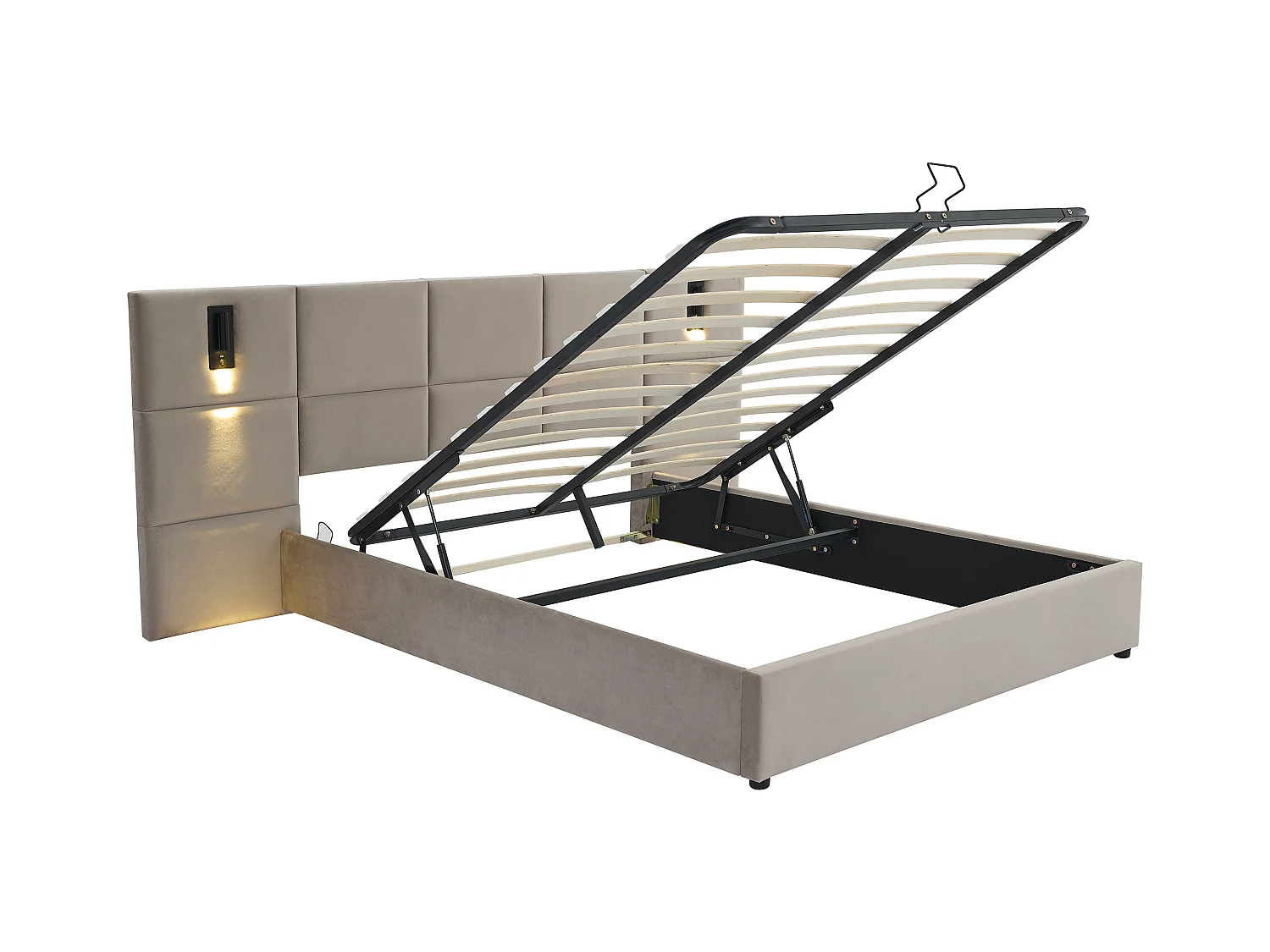 Bett mit Bettkasten mit Kopfteil & integrierter Lampe + Matratze - 160 x 200 cm - Samt - Taupe - SARETO