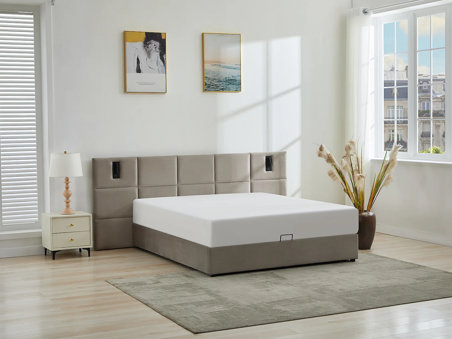 Lit coffre 160 x 200 cm avec tête de lit et lampe intégrée - Velours - Taupe + Matelas - SARETO