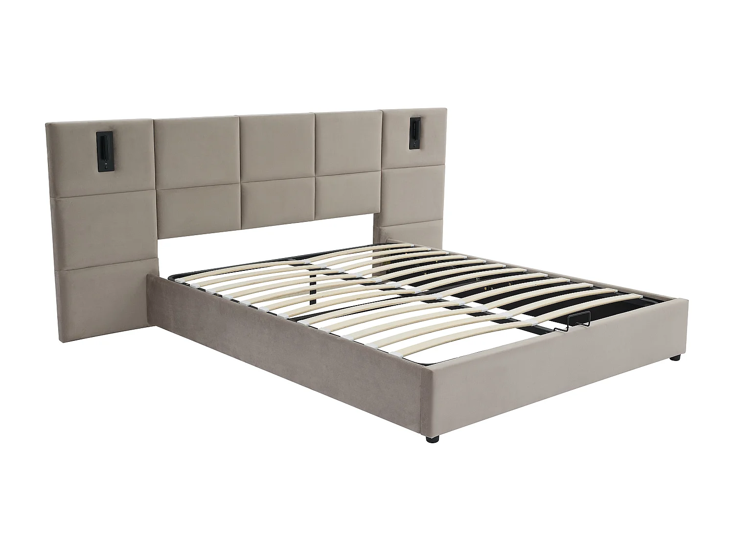 Lit coffre 160 x 200 cm avec tête de lit et lampe intégrée - Velours - Taupe + Matelas - SARETO