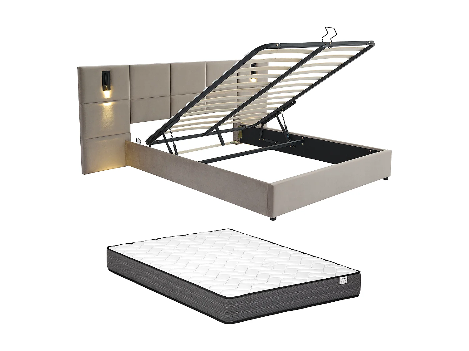 Lit coffre 160 x 200 cm avec tête de lit et lampe intégrée - Velours - Taupe + Matelas - SARETO