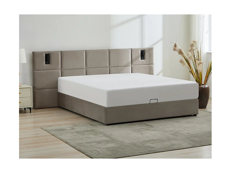 Letto con contenitore 180 x 200 cm con testata e lampada integrata Velluto Tortora + Materasso - SARETO