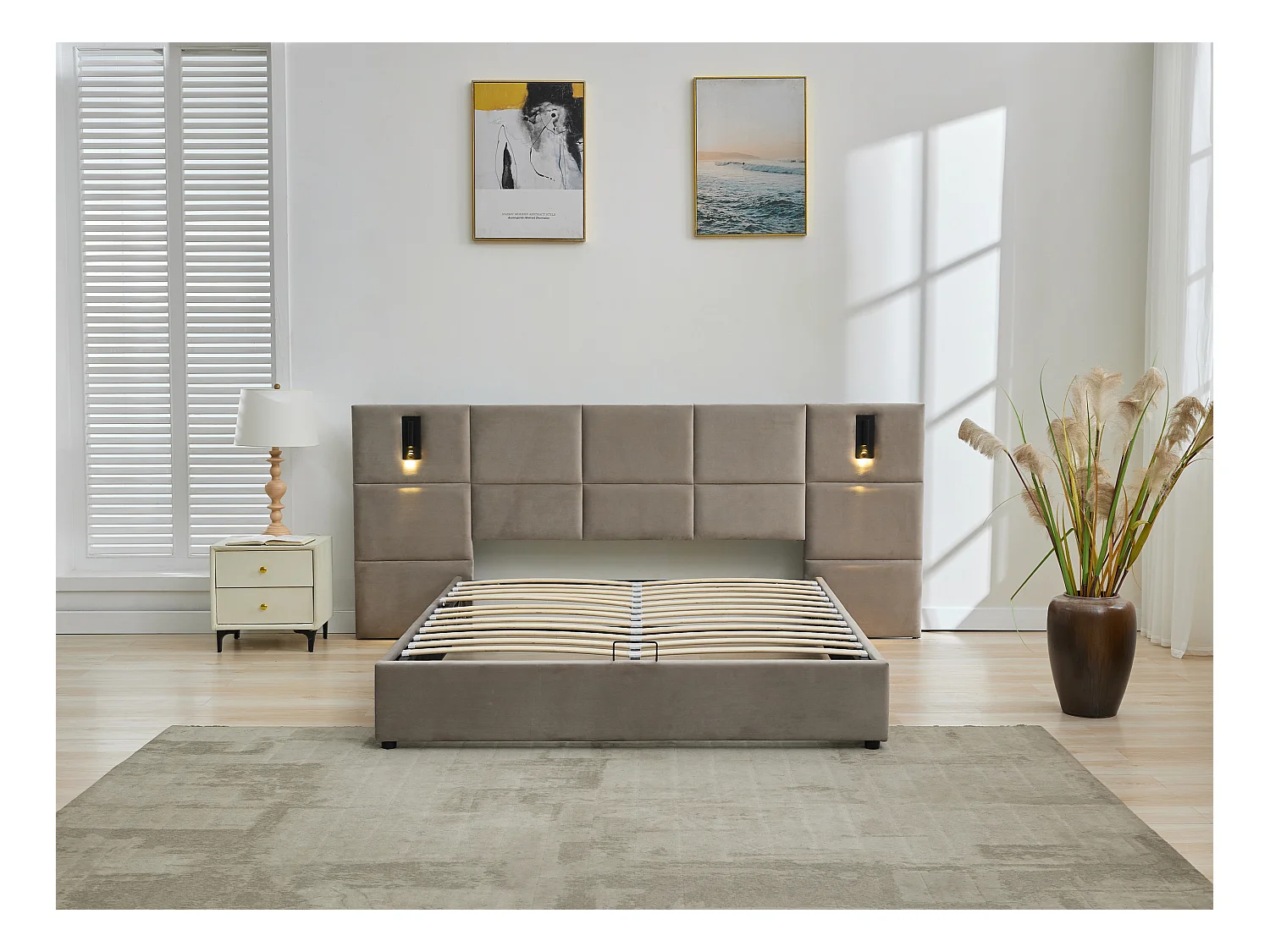 Bed met opbergruimte 180 x 200 cm met hoofdbord en ingebouwde lamp - Velours - Taupegrijs + matras - SARETO