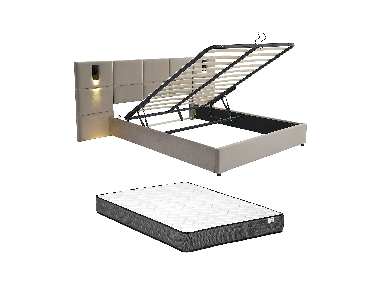 Bed met opbergruimte 180 x 200 cm met hoofdbord en ingebouwde lamp - Velours - Taupegrijs + matras - SARETO