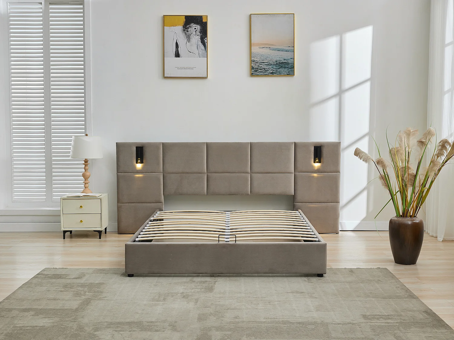 Lit coffre 180 x 200 cm avec tête de lit et lampe intégrée - Velours - Taupe + Matelas - SARETO