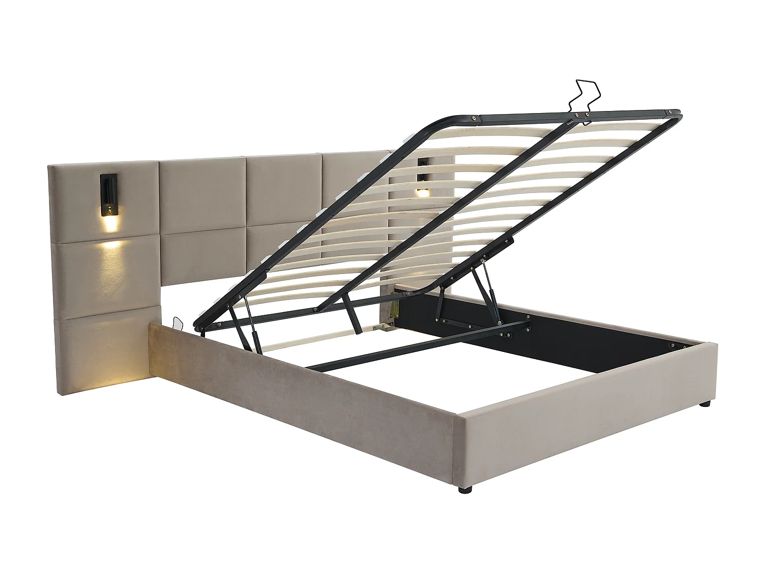 Lit coffre 180 x 200 cm avec tête de lit et lampe intégrée - Velours - Taupe + Matelas - SARETO