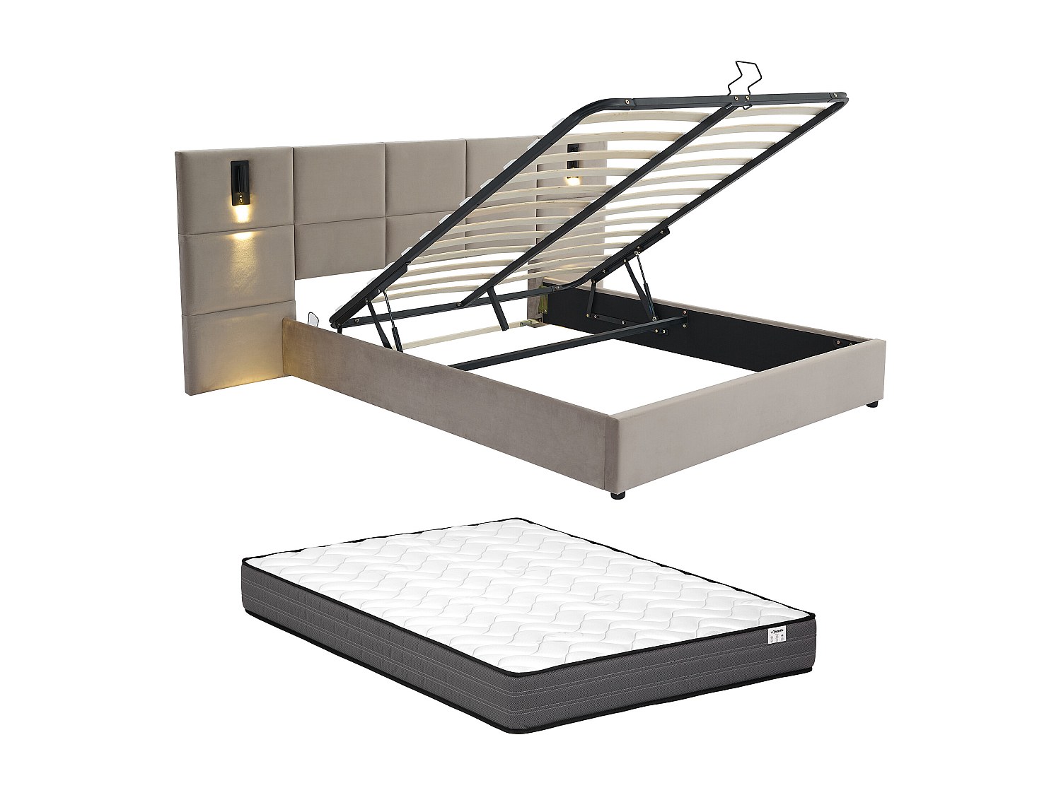 Bett mit Bettkasten mit Kopfteil & integrierter Lampe + Matratze - 180 x 20 günstig online kaufen