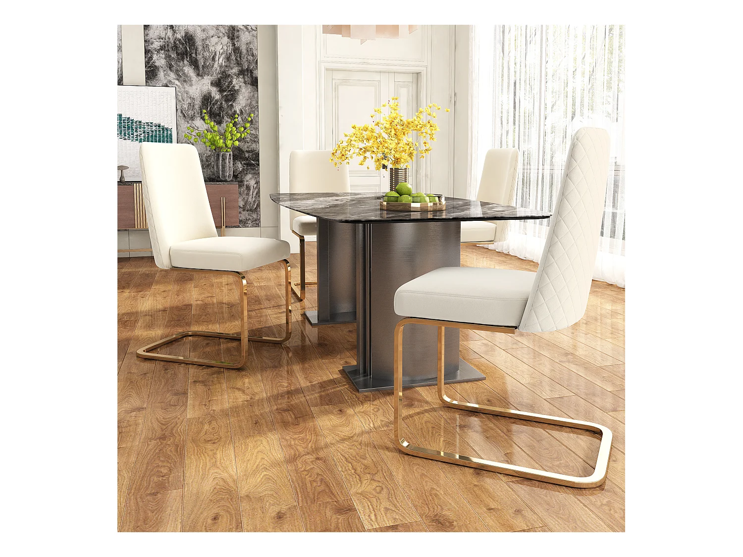 Woonkamerset van 6 luxe fluwelen stoelen - 64,14 x 63,5 x 47,63 cm - Diamantvormige rugleuning - Gouden metalen poten - Beige