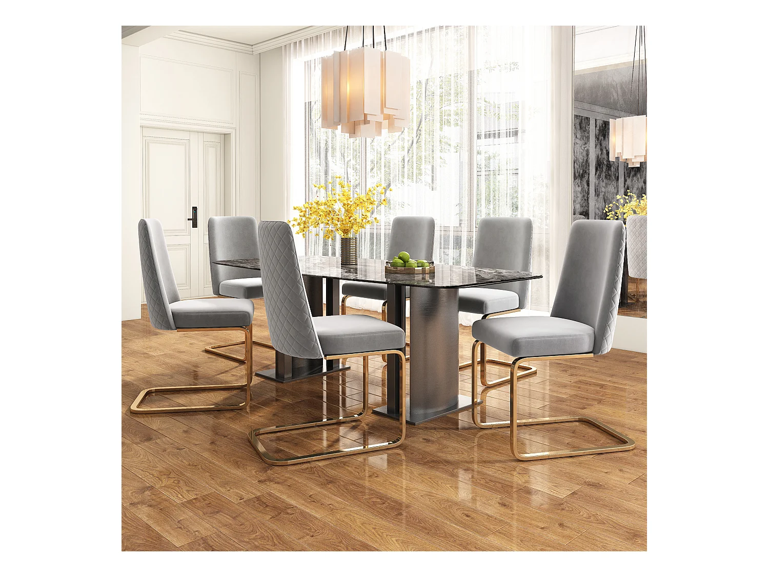 Lot de salon 6 chaises en velours de luxe - 88 x 52 x 45 cm - dossier en diamant - pieds en métal doré - gris