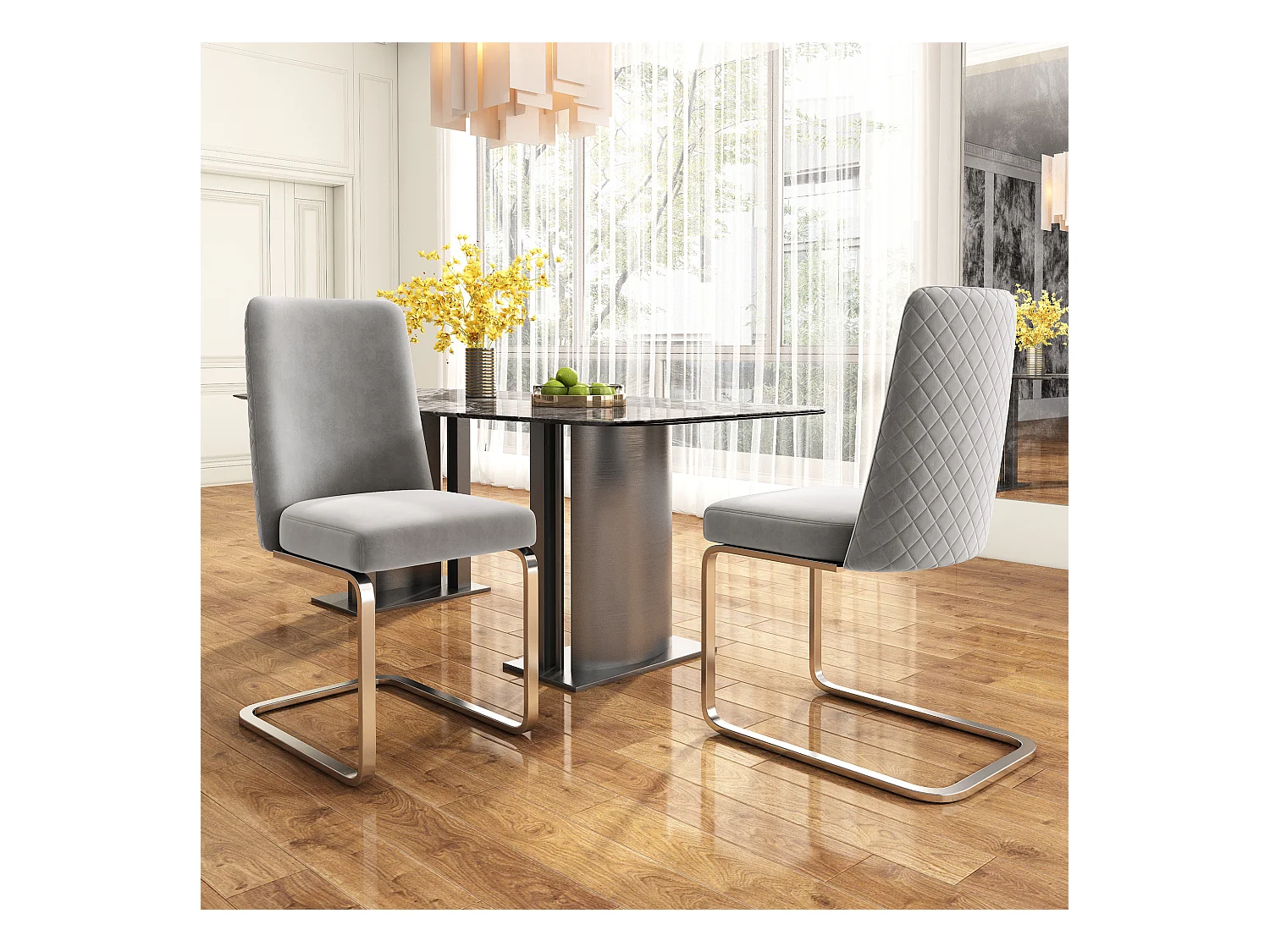 Lot de 2 chaises de salle à manger - 63.5x63.5x47.63 - velours luxe - pieds métal argté - gris