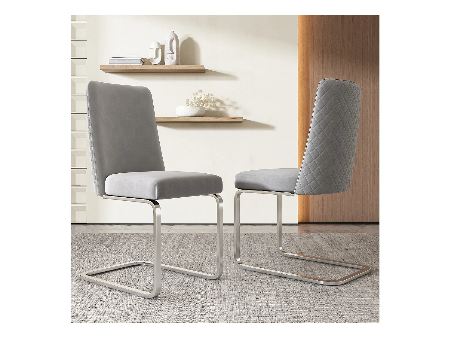 Lot de 2 chaises de salle à manger - 63.5x63.5x47.63 - velours luxe - pieds métal argté - gris