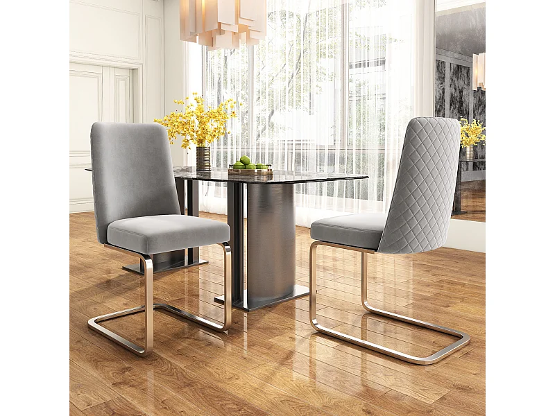 Lot de 2 chaises de salle à manger - 63.5x63.5x47.63 - velours luxe - pieds métal argté - gris