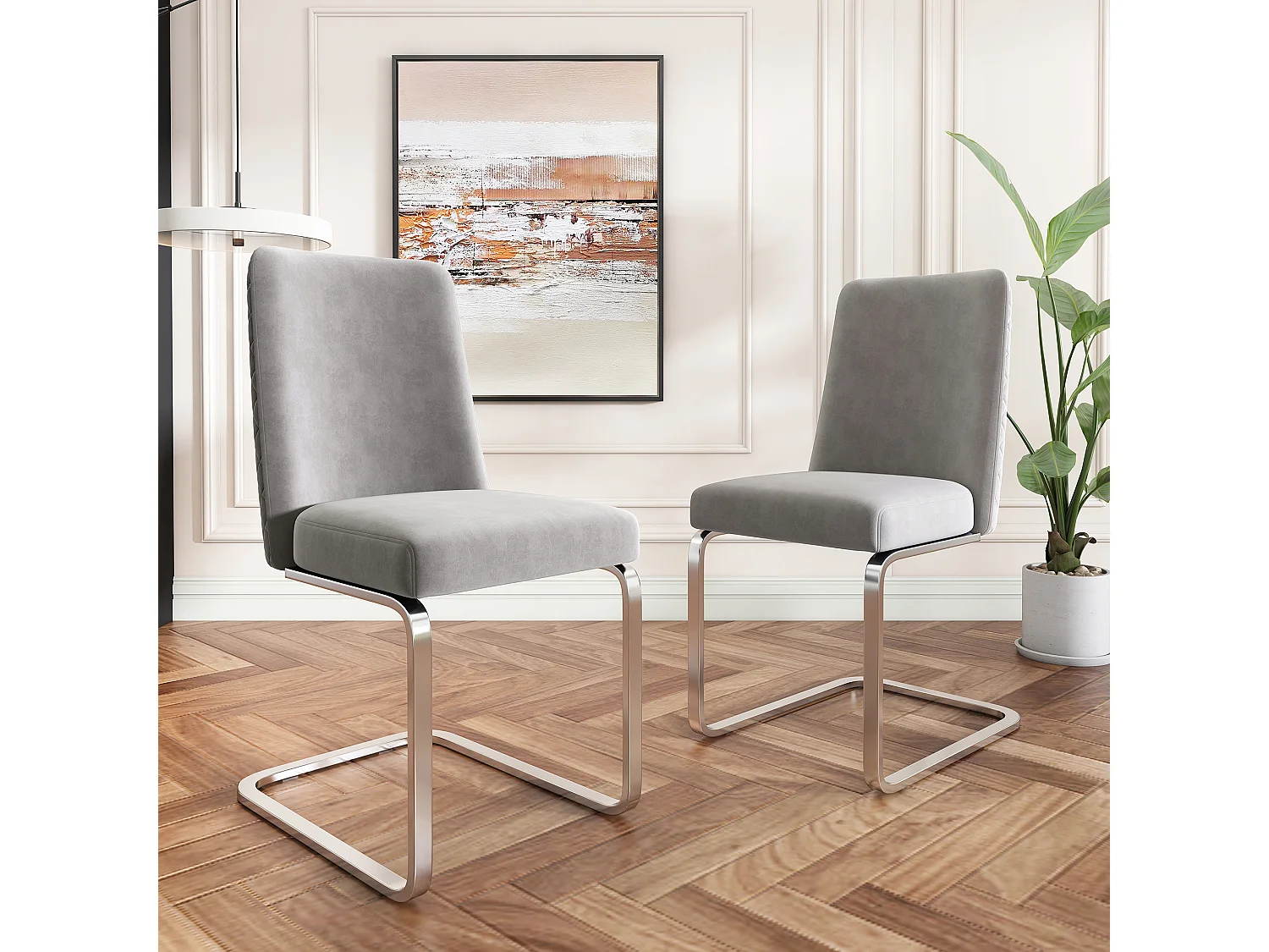 4er-Set Wohnzimmerstühle - 63,5x63,5x47,63 - Luxus-Samt - silberne Metallbeine - grau