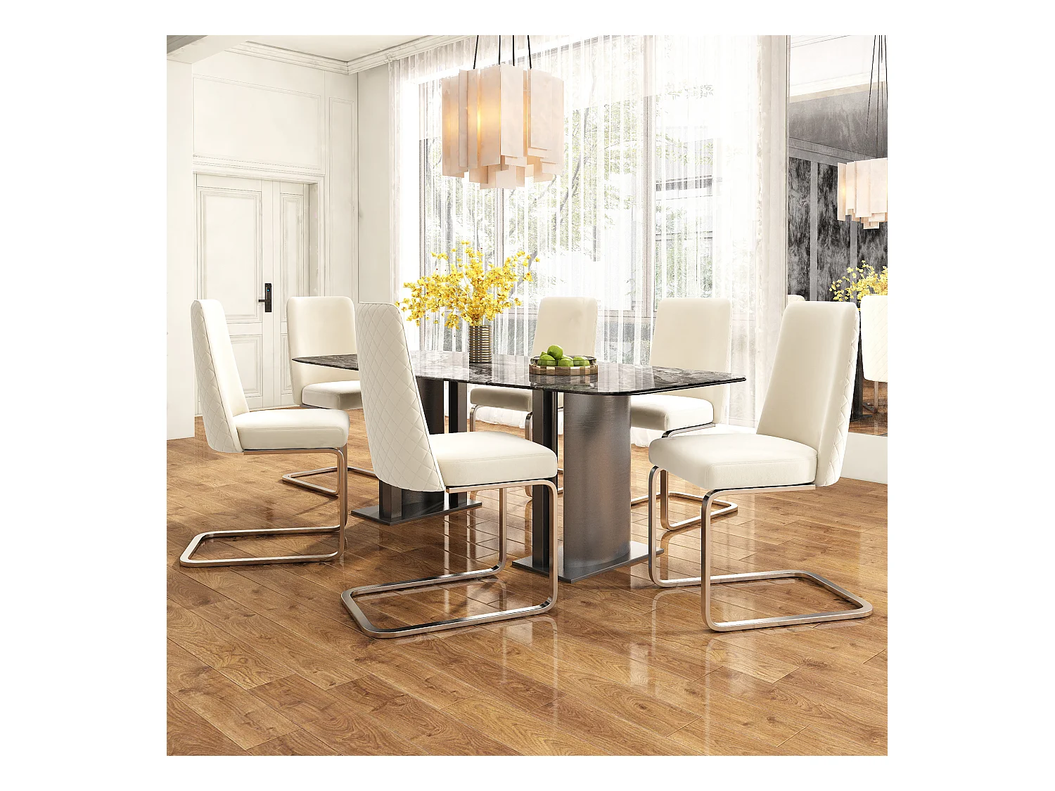 semble de 6 chaises de salle à manger - 63.5x63.5x47.63 - velours luxe - pieds métal argté - Beige