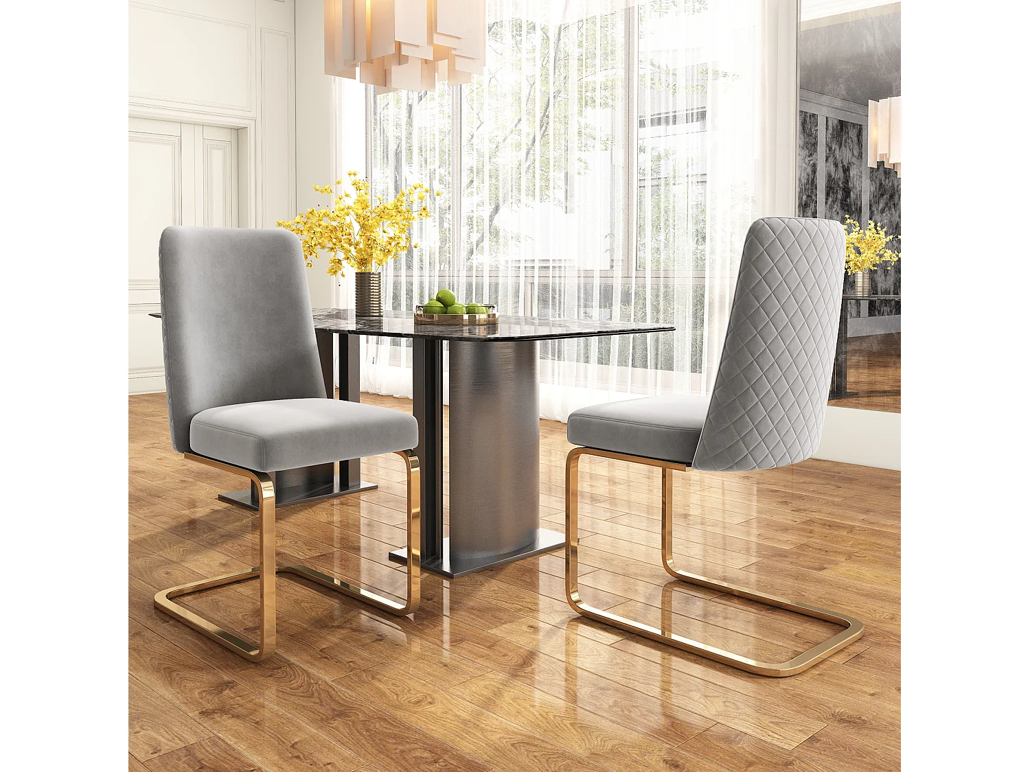 Lot de 2 chaises de salon en velours de luxe - 88 x 52 x 45 cm - dossier en diamant - pieds en métal doré - gris