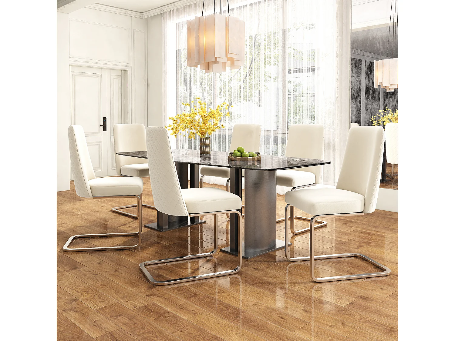 Lot de 2 chaises de salle à manger - 63.5x63.5x47.63 - velours luxe - pieds métal argté - Beige