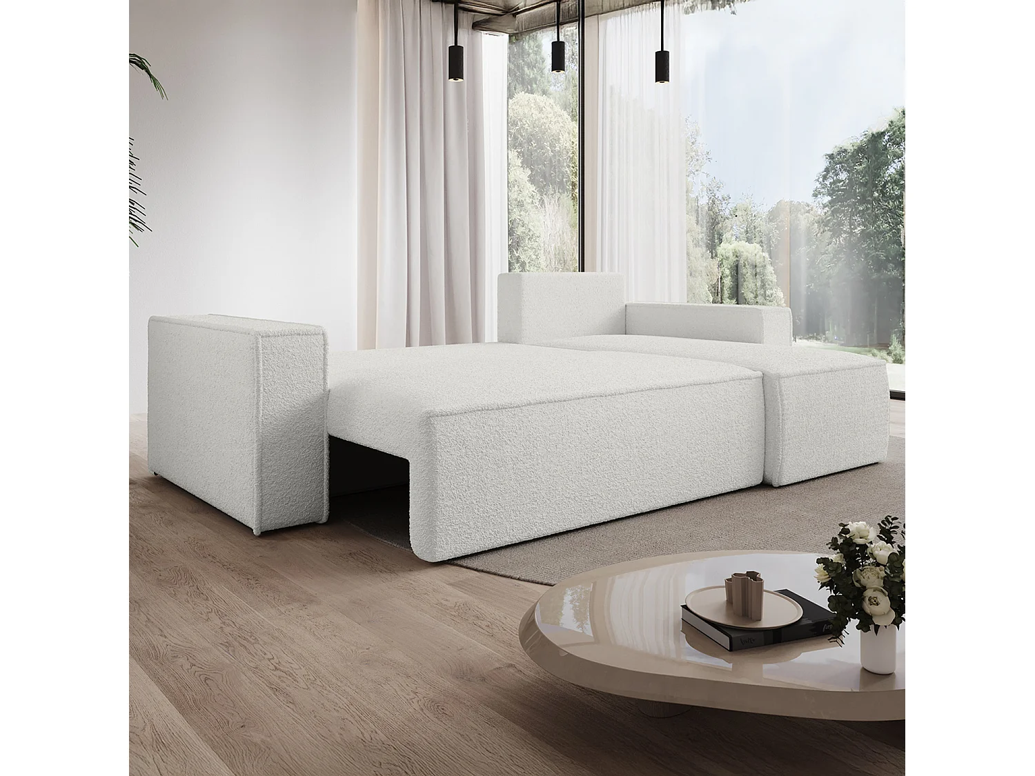 Canapé d'angle convertible réversible Lorenzo Bouclette Blanc