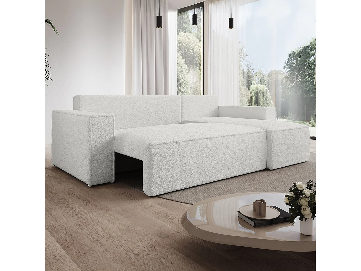 Canapé d'angle convertible réversible Lorenzo Bouclette Blanc