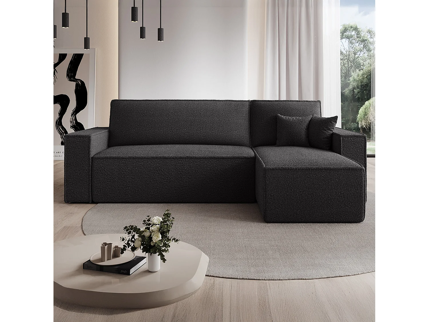 Canapé d'angle convertible réversible Lorenzo Bouclette Noir