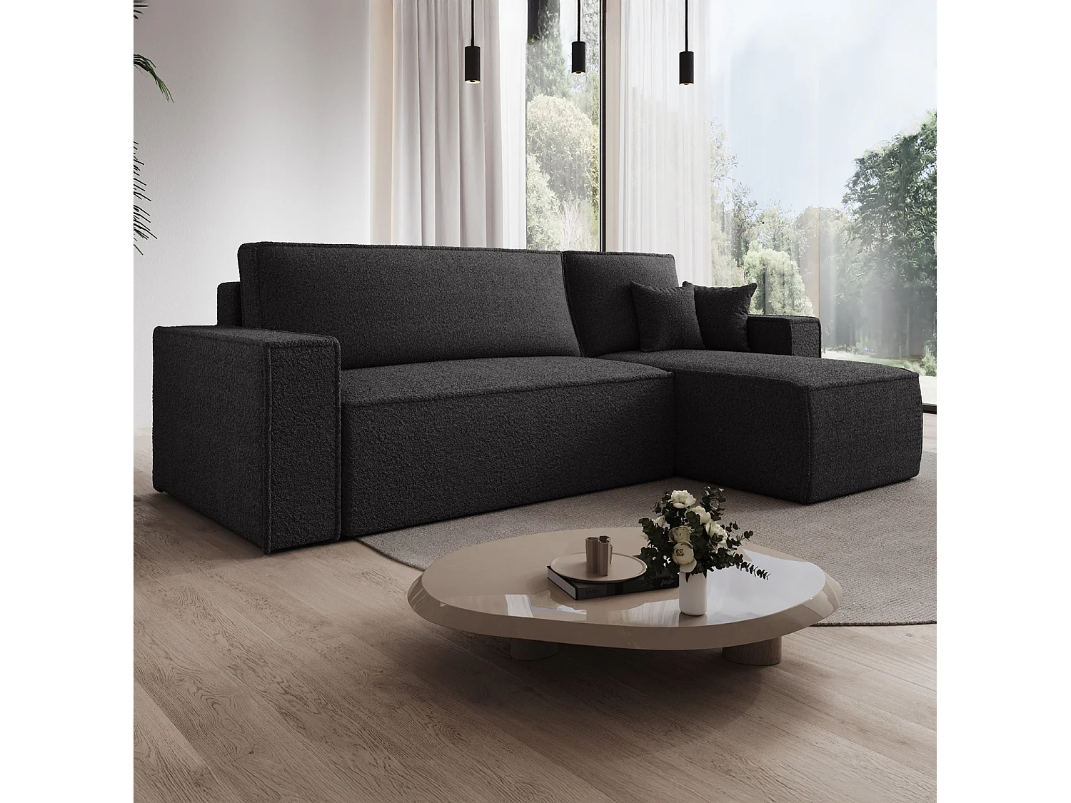 Canapé d'angle convertible réversible Lorenzo Bouclette Noir