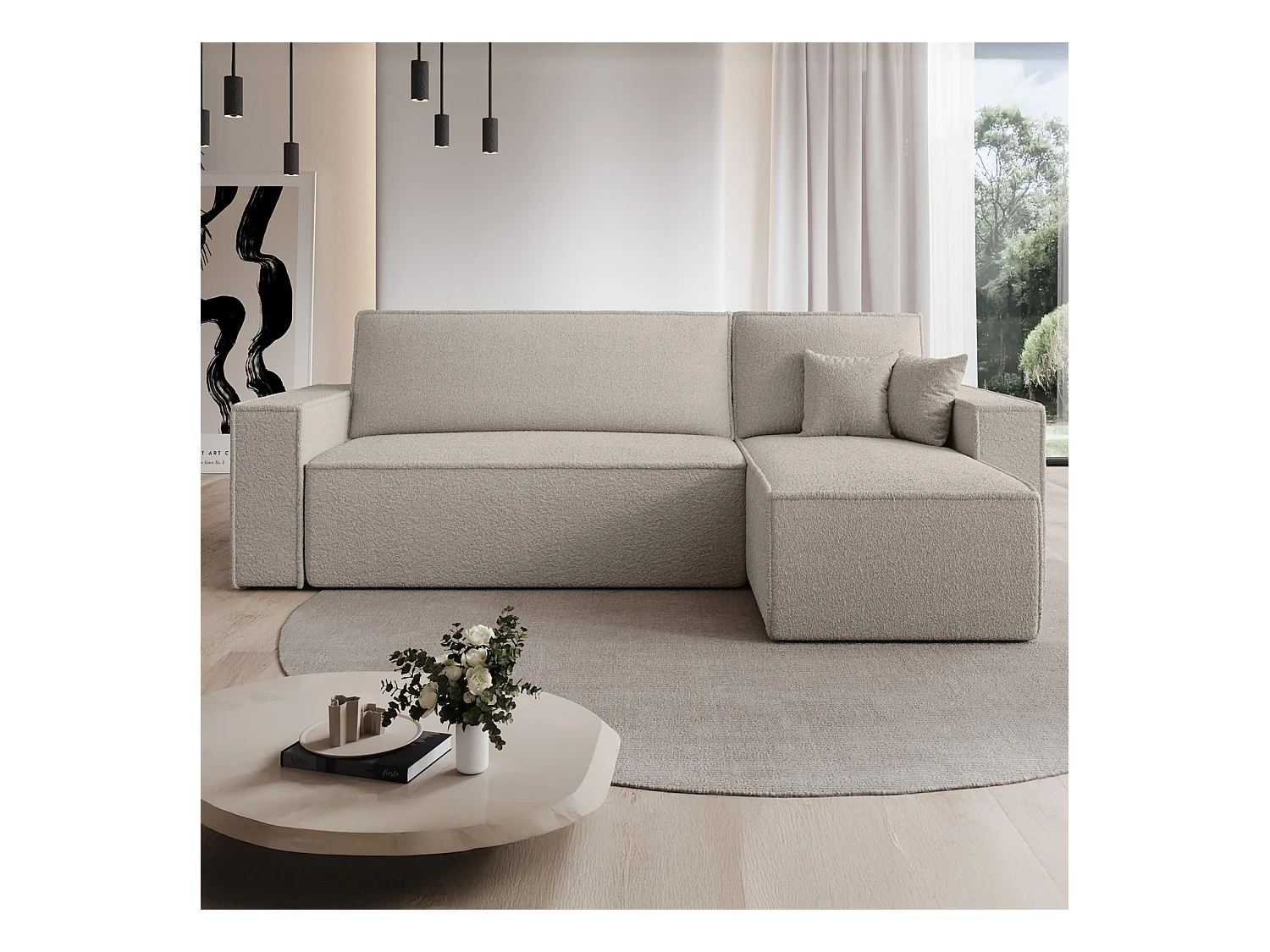 Canapé d'angle convertible réversible Lorenzo Bouclette Beige