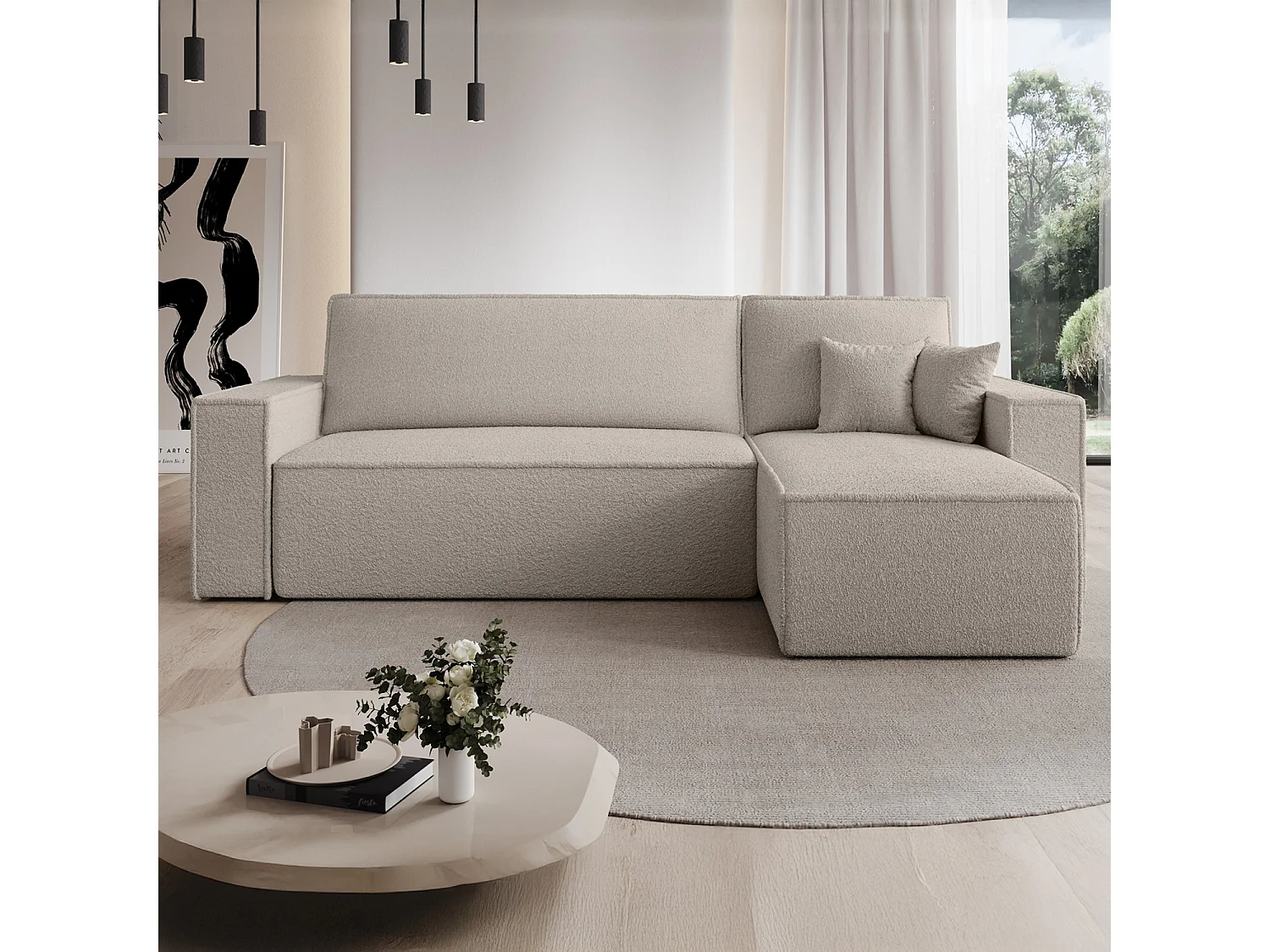 Canapé d'angle convertible réversible Lorenzo Bouclette Beige