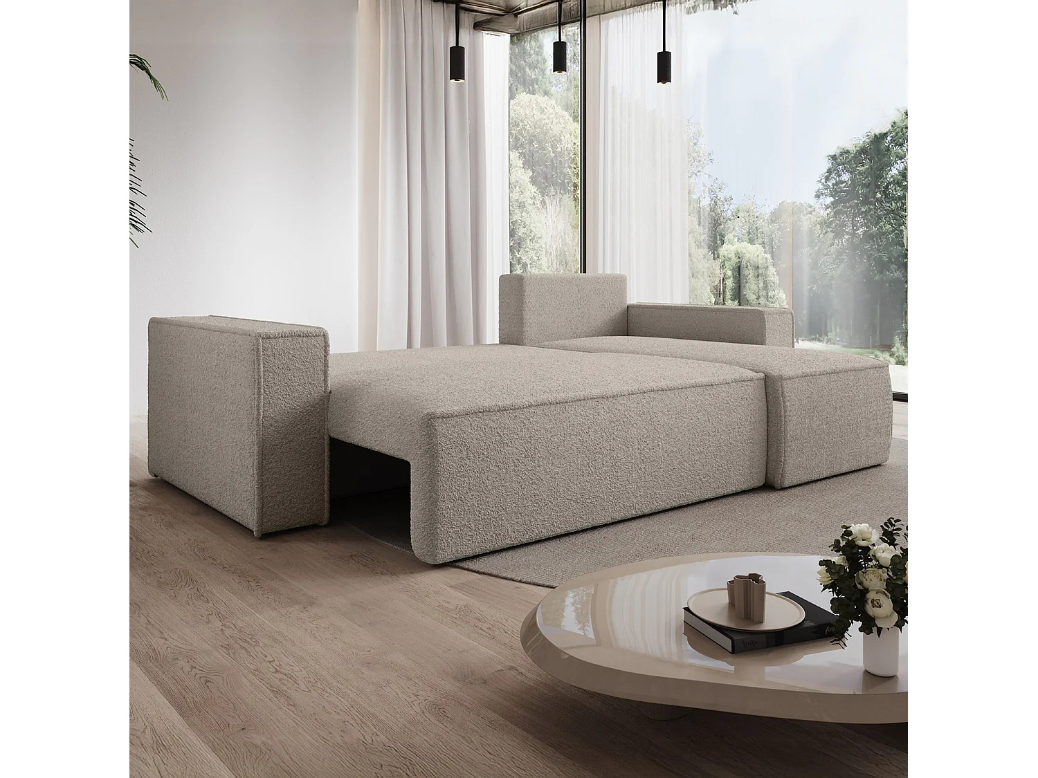 Canapé d'angle convertible réversible Lorenzo Bouclette Beige