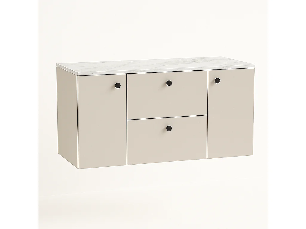 Meuble lavabo WENA, avec 2 portes et 2 tiroirs, fronts lisses, Beti, 120x60x47 cm, Cachemire/Marbre Bianco