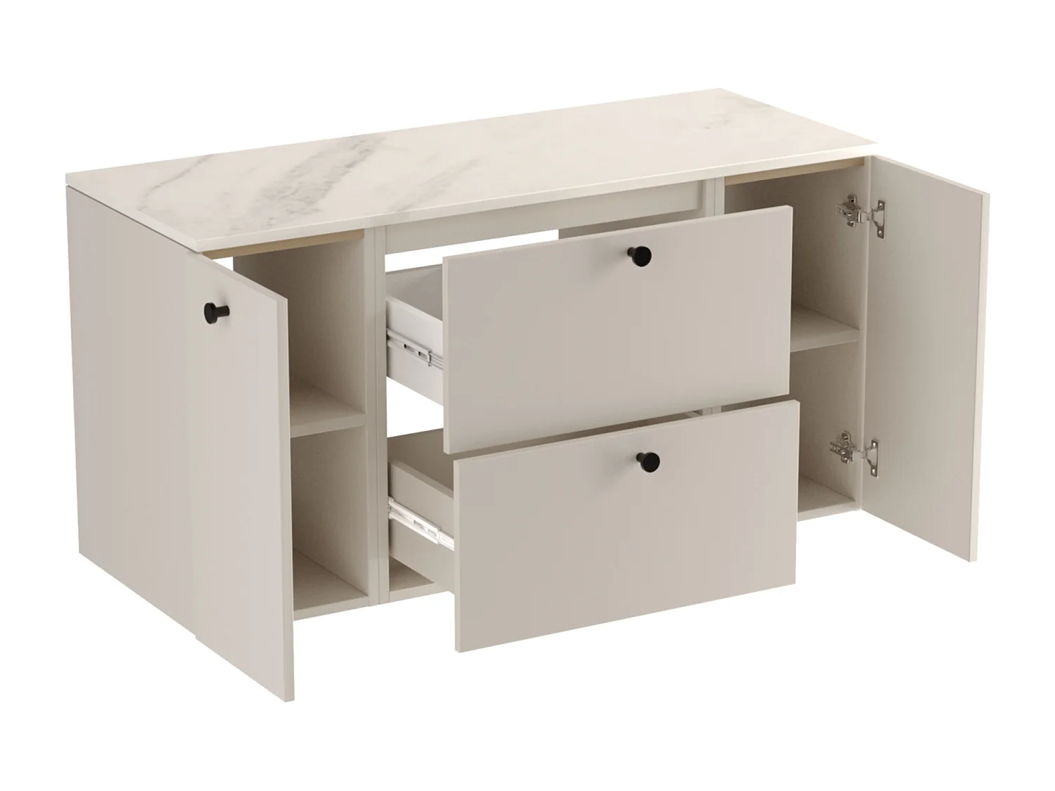 Meuble lavabo WENA, avec 2 portes et 2 tiroirs, fronts lisses, Beti, 120x60x47 cm, Cachemire/Marbre Bianco