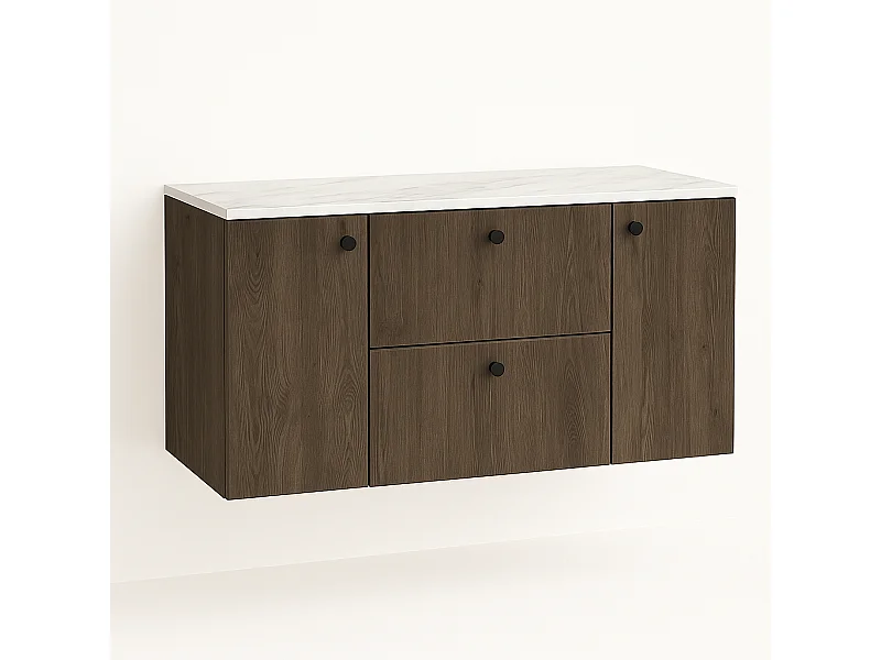 Waschtischunterschrank WENA, mit 2 Türen und 2 Schubladen, glatte Fronten, Beti, 120x60x47 cm, Walnuss Dunkel/Marmor Bianco