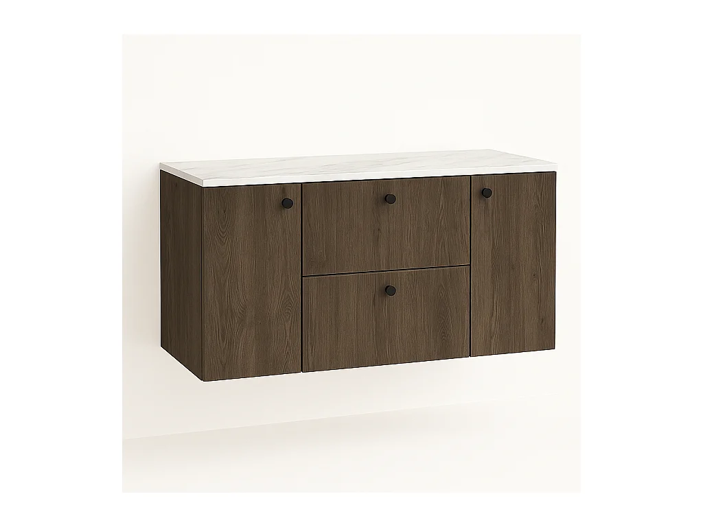 Meuble lavabo WENA, avec 2 portes et 2 tiroirs, fronts lisses, Beti, 120x60x47 cm, Noyer foncé/Marbre Bianco