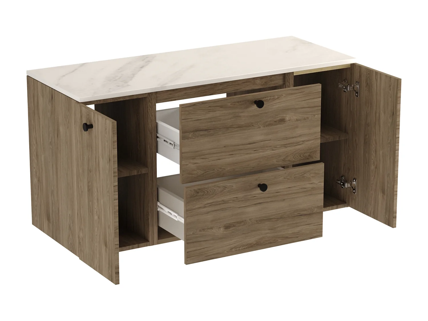 Meuble lavabo WENA, avec 2 portes et 2 tiroirs, fronts lisses, Beti, 120x60x47 cm, Noyer foncé/Marbre Bianco