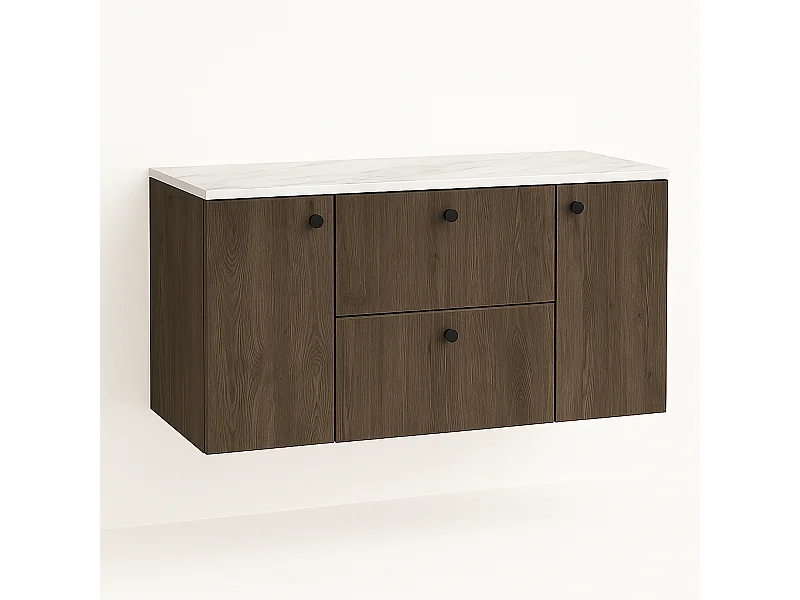 Wastafelkast WENA, met 2 deuren en 2 laden, gladde fronten, Beti, 120x60x47 cm, Donker walnoot/Marmer Bianco